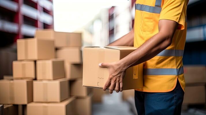 Courier holding cardboard boxes with parcels ready for delivery